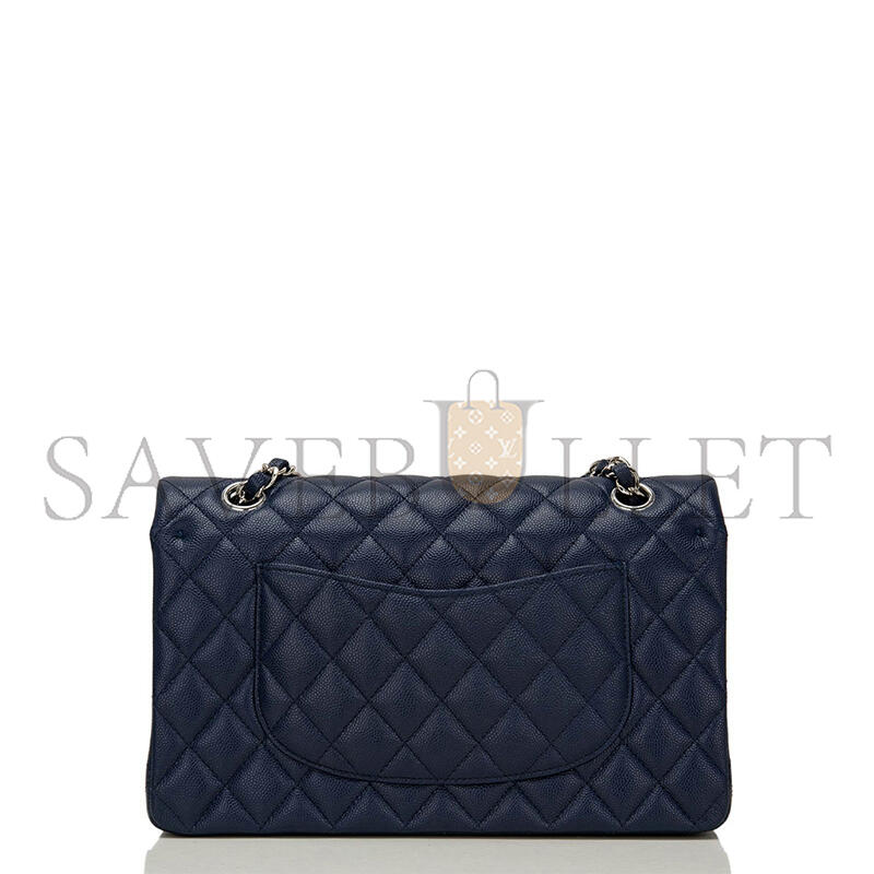 CHANEL CLASSIC DOUBLE FLAP QUILTED CAVIAR SILVER-TONE MEDIUM NAVY BLUE A01112 (25.5*15.5*6.5cm)